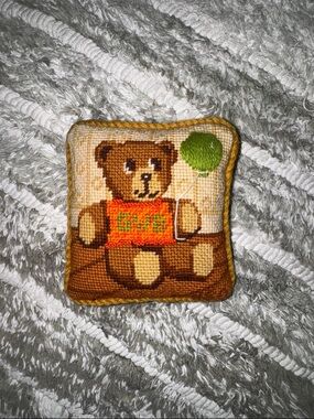 Handmade Teddy Bear Needlepoint Pillow - Brown, Orange, Green